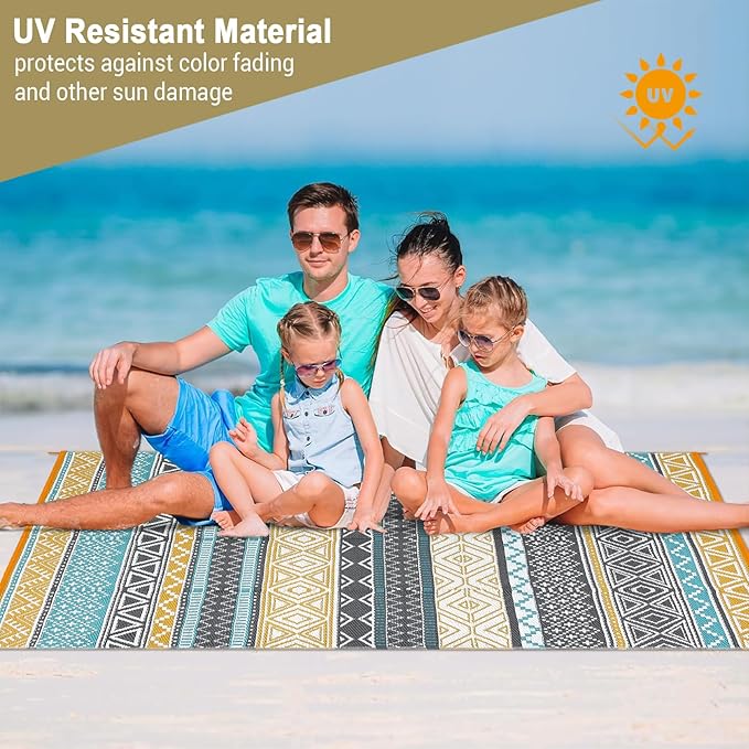 GAOMON Outdoor Rug Waterproof 8'x10', Reversible Outdoor Plastic Straw Rug, Boho Patio Rug, Indoor Outdoor Carpet, RV Mat Outside for Patio, Camp, Picnic, Balcony, Deck, Teal/Yellow(Bohemia)