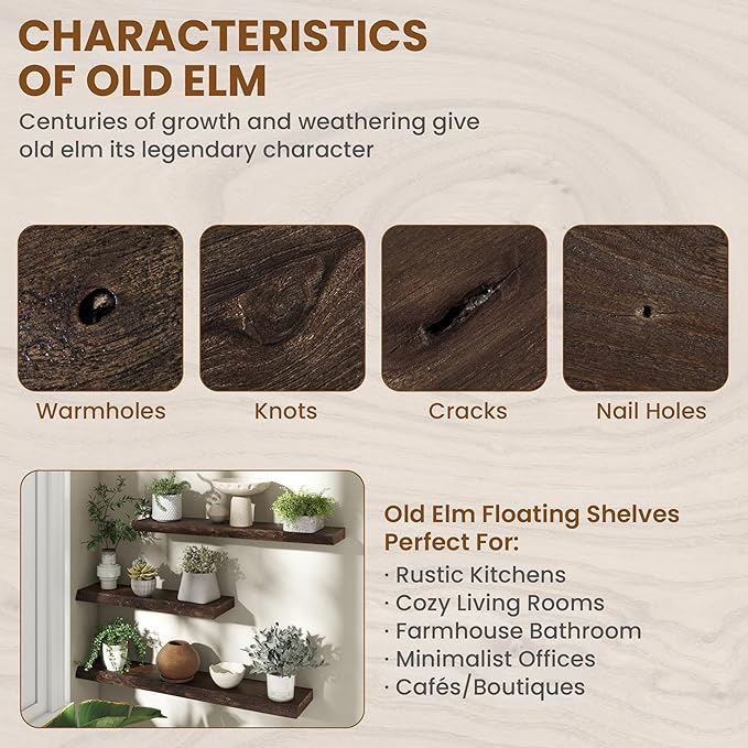 Fun Memories 48" Floating Shelves for Wall, Live Edge Solid Elm Wood Floating Shelf with Invisible Bracket, Wall Mounted Display Wooden Shelves for Bathroom, Kitchen, Bedroom, Walnut Color, Set of 1