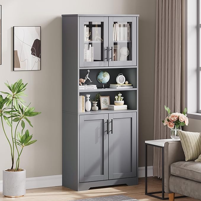 GarveeHome 67" Tall Storage Cabinet, Tall Bathroom Cabinet with Glass Doors and Adjustable Shelves, Freestanding Kitchen Pantry Cabinets, Cupboard for Living Room, Dining Room, Gray