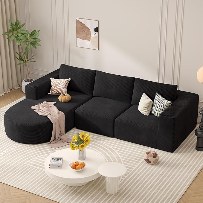 Modular Sectional Sofa with L-Shape Chaise,Cloud Sectional Modern Sleeper Couch with Deep Seat,Sponge Compression Sofas No Assembly Required (Black-Corduroy Fabric) 1pcs