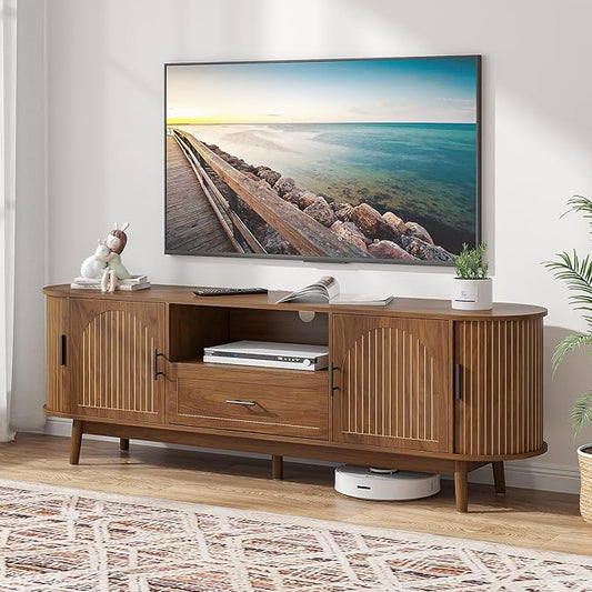 70" Fluted TV Stand for Tvs up to 80", Mid-Century Modern Entertainment Center with Drawers and Fluted Doors, Curved TV Media Console Table with Sliding Doors for Living Room, Bedroom (70")