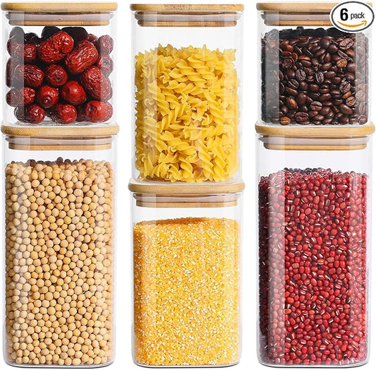 Glass Food Storage Jars with Lids(24oz/37oz/50oz)Square Set of 6 ,Glass Storage Containers Clear Glass Food Canister with Bamboo Lid Airtight For Serving Tea, Coffee Beans, Candy,Spice and More