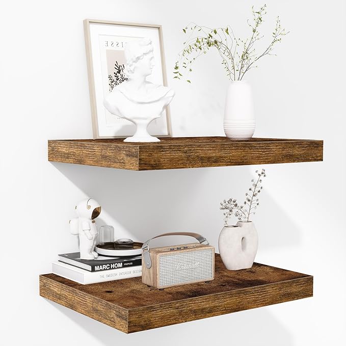 Fun Memories Floating Shelves - 2 Pack 12 Inch Deep Rustic Wooden Wall Shelves - Extra Deeper & Thicker Wall Mounted Storage Shelf for Living Room, Kitchen, Farmhouse - 16" W x 12" D x 1.5" H - Brown
