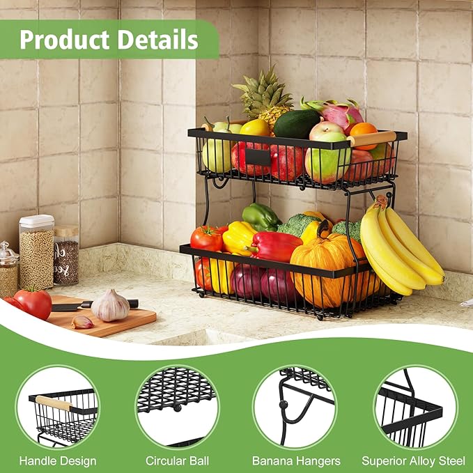 2 Tier Fruit Basket for Kitchen Counter with 2 Banana Hangers, Countertop Metal Fruit Bowl with Wooden Handle, Large Storage Stand for Vegetables, Snacks, Breads, Produce Storage – Black