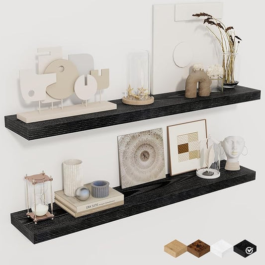 Fun Memories 36Inch Floating Shelves for Wall 2 Pack Wood Shelves for Kitchen, Bathroom, Bedroom Wall Mounted Rustic Wood Floating Shelf with Invisible Brackets for Books, Storage, Decor, Black