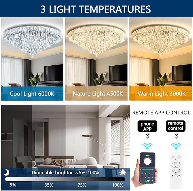 47'' Modern Chandeliers LED Dimmable Crystal Flush Mount Ceiling Chandeliers for Living Room High Ceiling Entrance Foyer Lobby Bedroom Silver