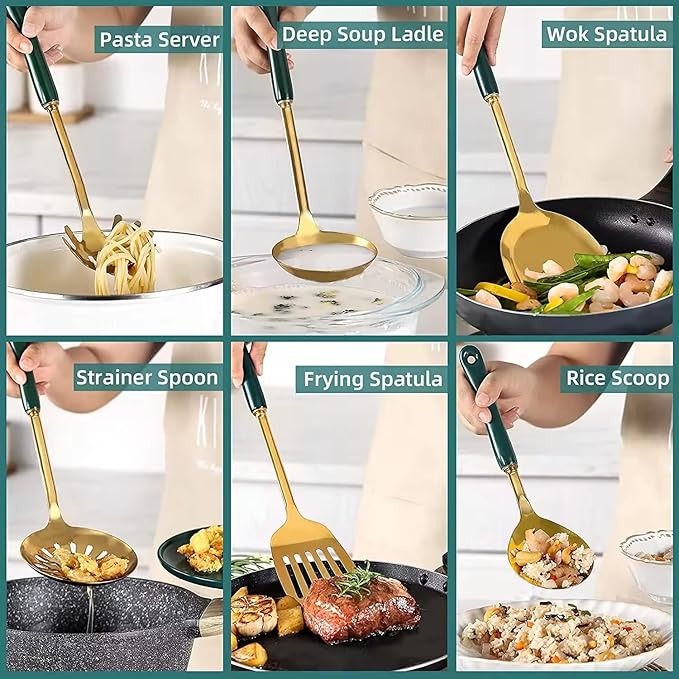 Generic Stainless Steel Kitchen Utensil Set, Spoon, Spatula, Pasta Server, Small Spatula (Black & Gold)