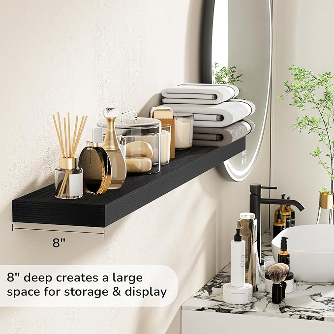 Fun Memories 48 Inch Floating Shelves - Fireplace Mantel Shelf - Deep Wall Mounted Wood Storage Shelf for Bedroom, Kitchen, Farmhouse - 1 Pack, Rustic Black