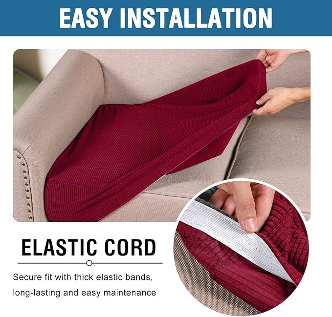 H.VERSAILTEX Super Stretch Individual Seat Cushion Covers Sofa Covers Couch Cushion Covers Slipcover Sets Thick Jacquard Textured Twill Fabric (2 Piece Medium Sofa Cushion Covers, Burgundy Red)