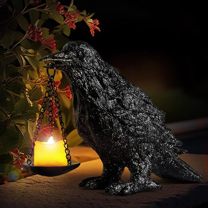Gothic Crow Lamp Tealight Candle Holder Raven Statue for Indoor Outdoor Decor Halloween Garden Resin Statue Black Stone