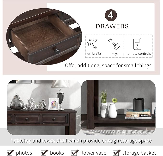 63" Solid Wood Console Table Sofa Table with Storage Drawers and Bottom Shelf,Farmhouse Entryway Table for Hallway Foyer,Sofa Couch Table,Fully Assembled (63" Espresso)