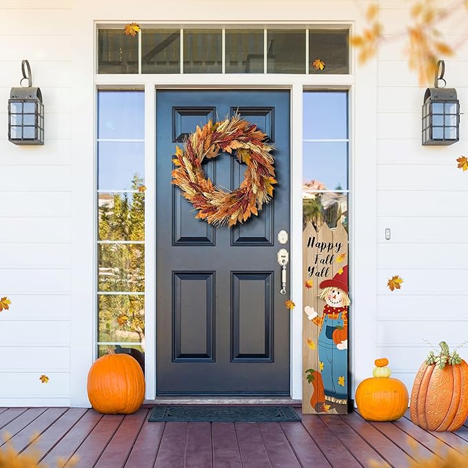 Glitzhome 24" D Fall Sorghum Wreath with Metal Hanger, Harvest Wreath for Front Door, Fall Door Wreaths for Indoor Outdoor Thanksgiving Harvest Holiday Decorations