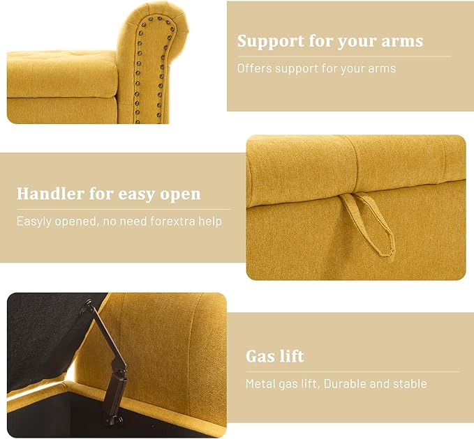 Furniliving 55” End of Bed Bench, Bedroom Bench with Button-Tufted, Large Upholstered Storage Ottoman Benches Window Bench with Storage Shoe Cabinet Bench, for Bedroom, Living Room, Linen, Yellow