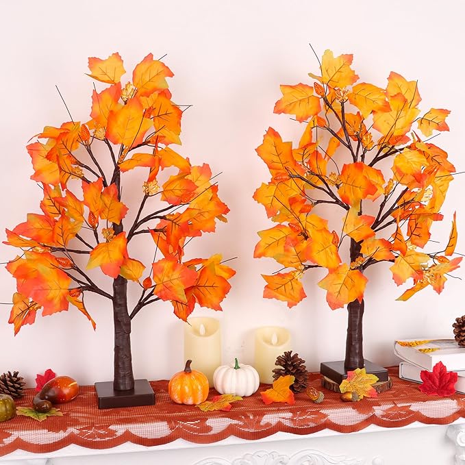 2 Pack 24 Inch Prelit Fall Maple Tree Fall Decor with 48 LEDs Timer Battery Operated Artificial Fall Light Up Tree Maple Acorn for Fall Thanksgiving Decorations Table Home Office Indoor Autumn Harvest
