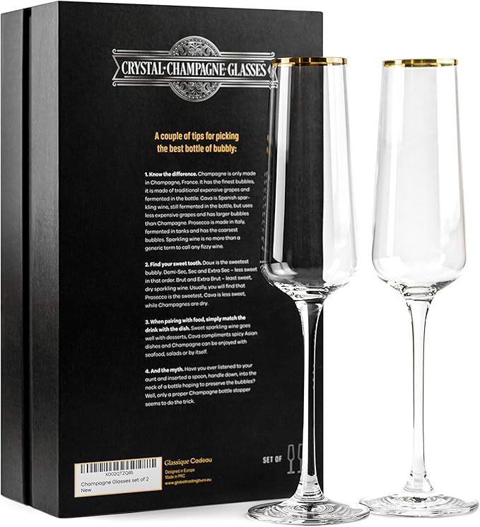 Gold Rim Champagne Gift Glasses | Set of 2 | Crystal Square Toasting Flutes for Bride and Groom, Wedding, Anniversary, Birthday | Elegant Long Stemmed Glassware for Sparkling Wine, Prosecco