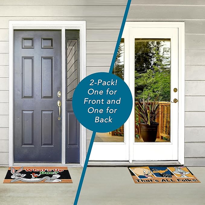 Gertmenian Looney Tunes Coir Doormat - 2x3 Welcome Mat (2-Pack), Ideal for High Traffic Areas in Front Door, Garage, Entryway - Warner Bros. Doc/Folks, 80029