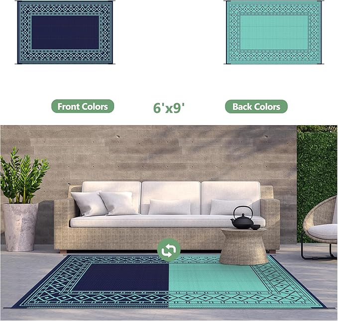 GENIMO Outdoor Rug Waterproof 6'x9' for Patio, Foldable Reversible Plastic Straw Carpet, Outside Area Mat for Patios, Rv, Deck, Picnic, Porch, Camper, Balcony, Beach, Navy Blue & Jade Green
