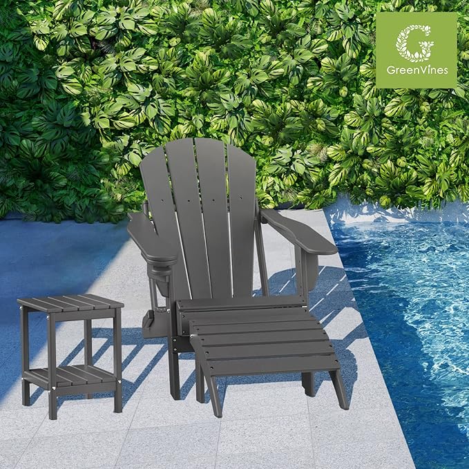GREENVINES Adirondack-Ottoman | HDPE Plastic | Outdoor Footrest | All Weather | Foot Rest | Foot Stool | Grey | for Adirondack Chair | for Patio Backyard Pool