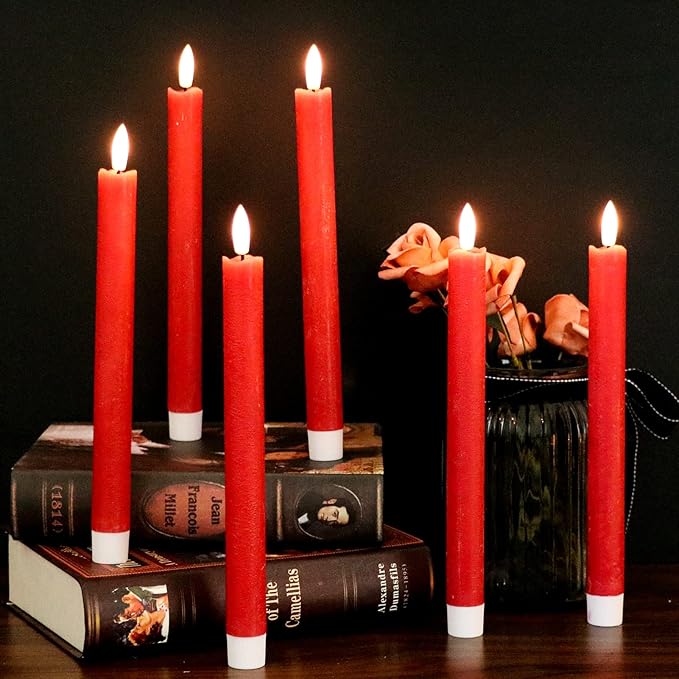 GenSwin Flameless Red Taper Candles Flickering with 10-Key Remote, Battery Operated Led Warm 3D Wick Light Window Candles Real Wax Pack of 6, Christmas Home Wedding Decor(0.78 X 9.64 Inch)