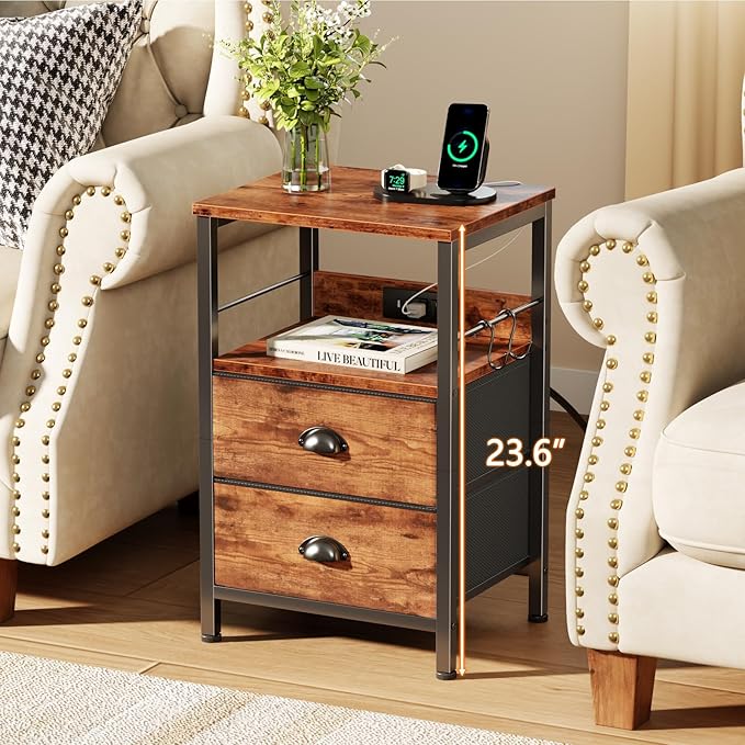 Furologee Nightstand Set of 2, Rustic Brown, with Charging Station and USB Ports, Side Tables with 2 Fabric Drawers, Bedside Tables with Storage Shelf & Hooks, for Living Room/Bedroom