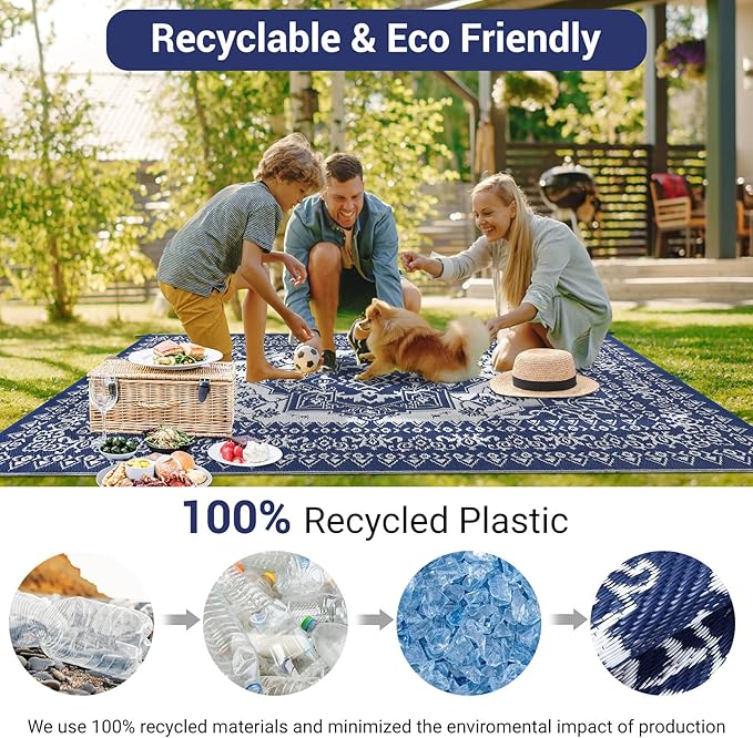 GAOMON Patio Rugs Outdoor 8x10 Waterproof Reversible Plastic Straw Rug, Large UV-Resistant Portable RV Camping Mats, Indoor Outdoor Medallion Carpet for Deck Porch Garden, Dark Blue & White