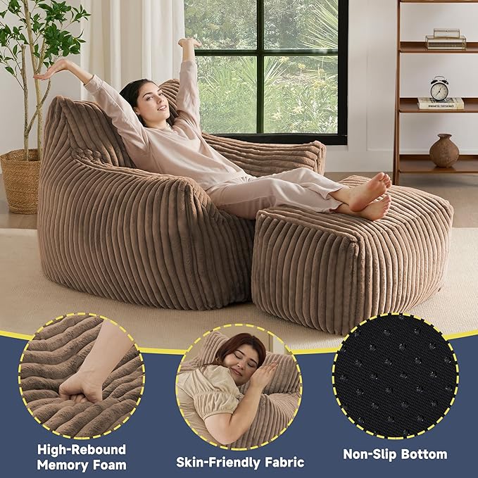 Giant Bean Bag Chairs for Adults, Oversized Chaise Lounge Chair Indoor with Memory Foam - Plush Boneless Lounger & Ottoman for Bedroom, Living Room, Gaming & Reading, Lazy Floor Sofa Chair, Khaki