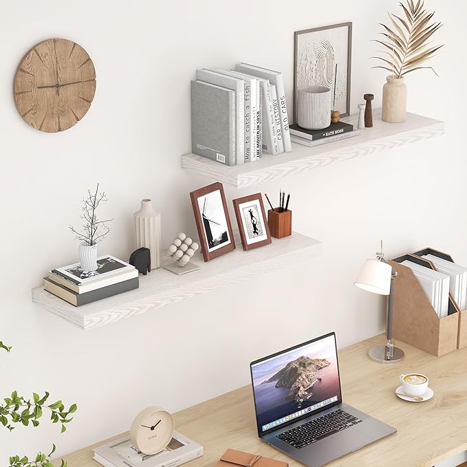 Fun Memories Rustic Wood Floating Shelves for Wall, 36 x 9 Wall Shelves Set of 2, Deep Floating Shelf for Kitchen, Living Room Storage & Display, Deep Wooden Bookshelf, Brich Color