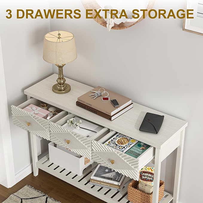 47" Fluted Console Table with 3 Drawers, Narrow Long Entryway Table with Storage Shelf, Sofa Tables for Entryway, Living Room, Behind Couch, Foyer, Hallway, Office (Beige)