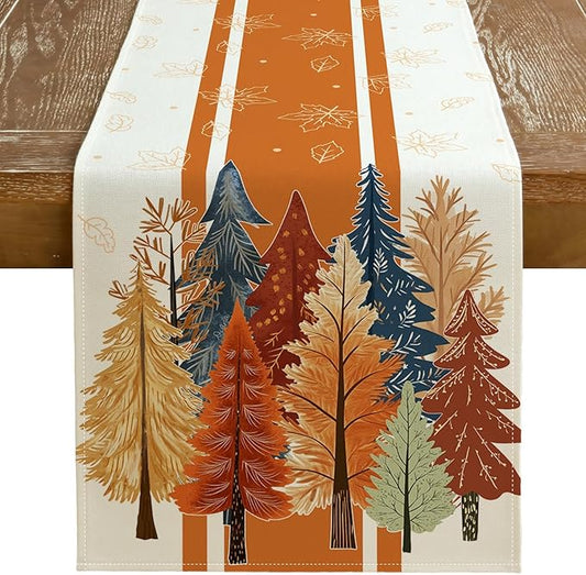 GEEORY Fall Watercolor Trees & Maple Leaves Striped Table Runner 13x60 Inch, Rustic Farmhouse Autumn Thanksgiving Decor for Kitchen, Dining, Indoor/Outdoor Holiday Dinner Party Orange GT157-60