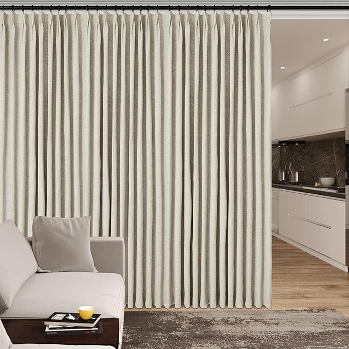 100" W x 84" L Faux Linen Room Divider Curtains, Full Blackout Pinch Pleated Drapes for Traverse Rod, Bedroom Divider Privacy Drapery with Hooks for Ceiling Track, 1 Panel, Ivory White