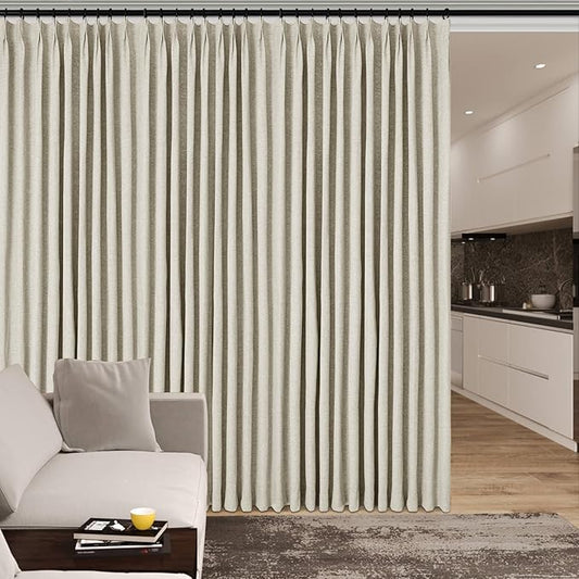 70" W x 108" L Faux Linen Room Divider Curtains, Full Blackout Pinch Pleated Drapes for Traverse Rod, Bedroom Divider Privacy Drapery with Hooks for Ceiling Track, 1 Panel, Ivory White