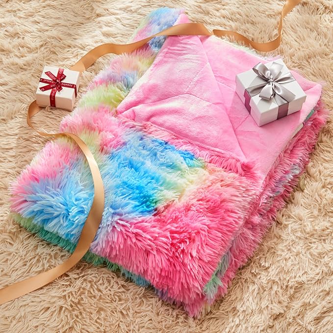 GONAAP Fuzzy Faux Fur Throw Blanket Queen Size Dark Rainbow Super Soft Cozy Plush Fuzzy Shaggy Blanket for Couch Sofa Bed (Dark Rainbow, Queen(90"x90"))
