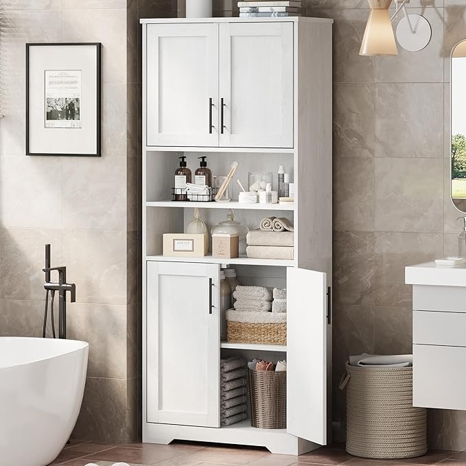 GarveeHome 67" Tall Storage Cabinet, Tall Bathroom Cabinet with 4 Doors and Adjustable Shelves, Freestanding Kitchen Pantry Cabinets, Cupboard for Living Room, Dining Room, Antique White
