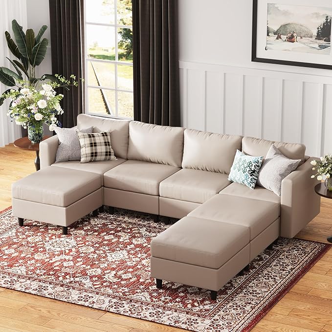 118.5" Faux Leather Modular Sectional Sofa, 7 Seater U Shaped Couch with Storage Seat with Reversible Chaise Deep Seat for Living Room Whitesand