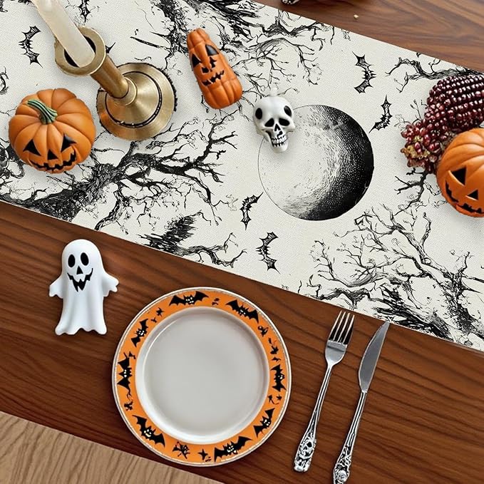 GPGHE Halloween Table Runner Black Ghost Holiday Burlap Table Decoration Indoor Outdoor Home Decor Party Supply 13 x 120 Inch