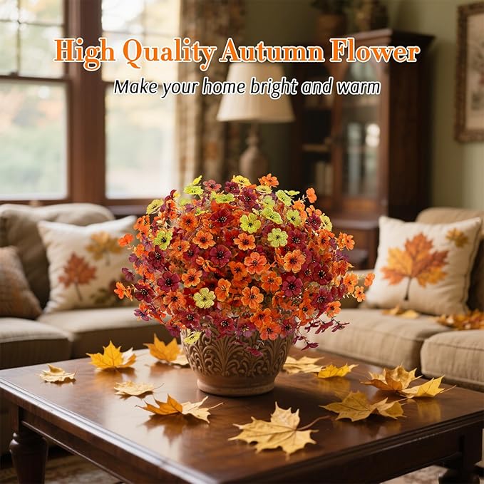 12 Bundles Artificial Fall Flowers Faux Mums for Outdoor Indoor, Artificial Plants Daisy Faux Plants Fake Mums for Fall Decor Pots Patio Garden Porch Autumn (Orange，Brown，Yellow) (12)