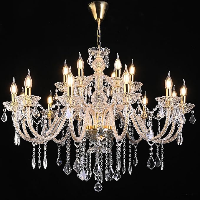 18-Light Double-Layer Crystal Chandelier for Living Room Gold Ceiling Pendant Light Fixtures with K9 Crystal Modern Luxury Lighting for Dining Room, Bedroom, Kitchen