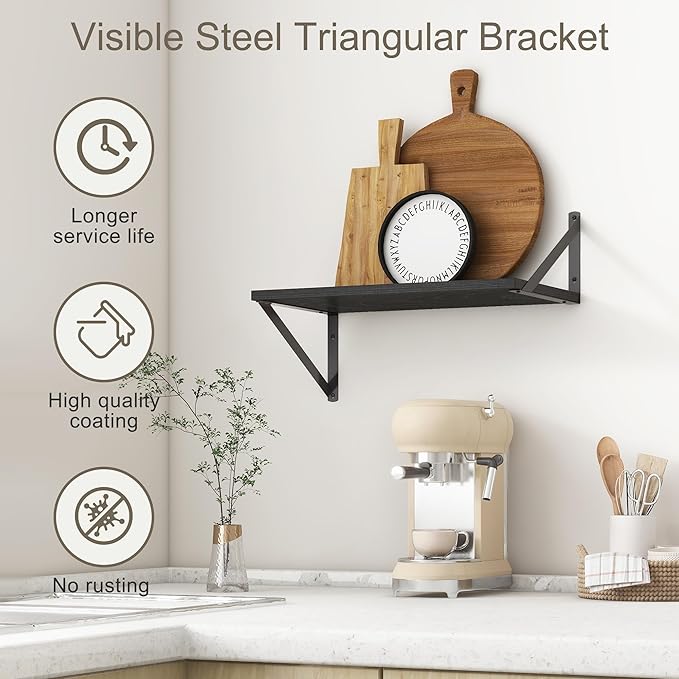 Fun Memories Black Floating Shelves 18 Inch Long, Rustic Floating Shelf with Brackets, 10 Inch Deep Wall Shelves, Black Bathroom Shelves, 18 x 10 Storage Shelf for Kitchen, Living Room, Set of 2