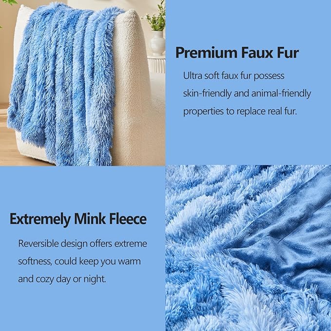 GONAAP Fuzzy Faux Fur Throw Blanket Indigo Super Soft Cozy Plush Fuzzy Shaggy Blanket for Couch Sofa Bed (Indigo, Throw(50"x60"))