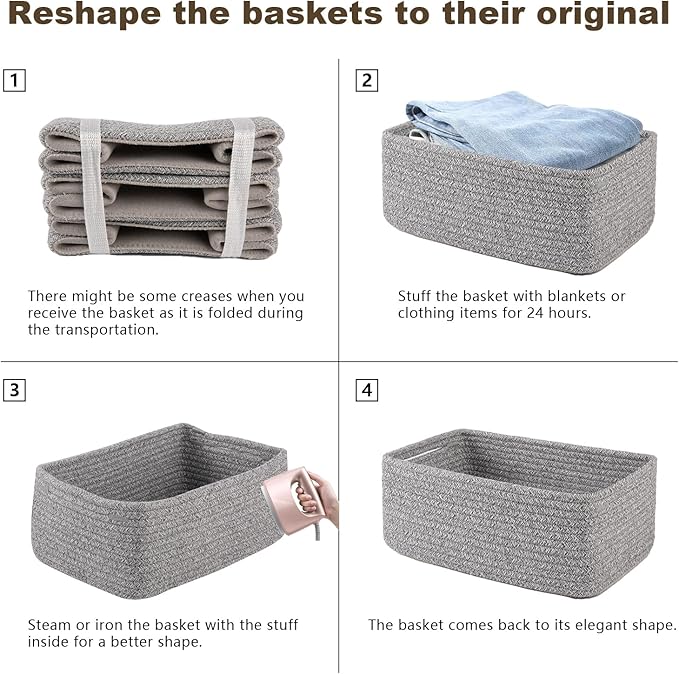 3 Pack Small Storage Baskets for Organizing, Cute Woven Decorative Gift Baskets for Shelves, Mini Closet Organizer Bins with Handles, 11.81''Lx7.87''Wx4.72''H-Grey