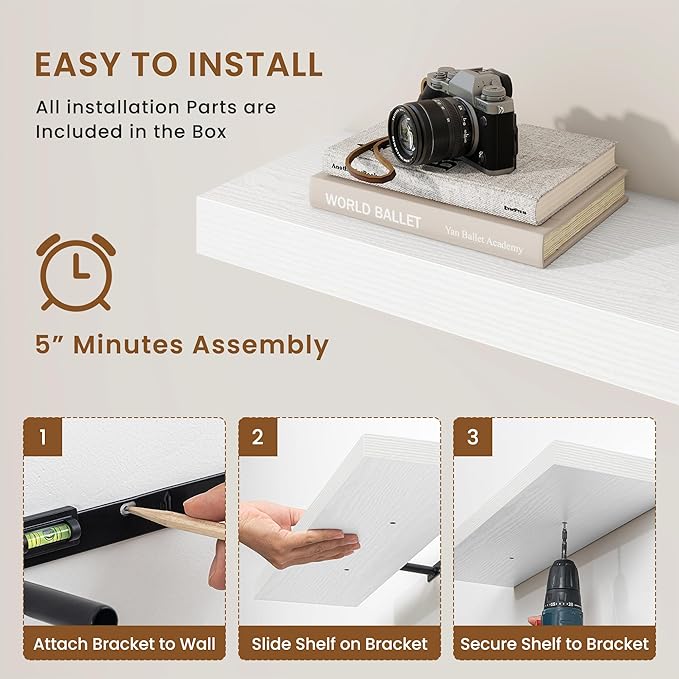 fuqing Floating Shelves for Wall, Bathroom Shelf Wall Mounted for Storage, Shelves with Invisible Bracket for Bedroom, Kitchen, Living Room, Farmhouse Small Book Shelf, 30 Inch Set of 2, White