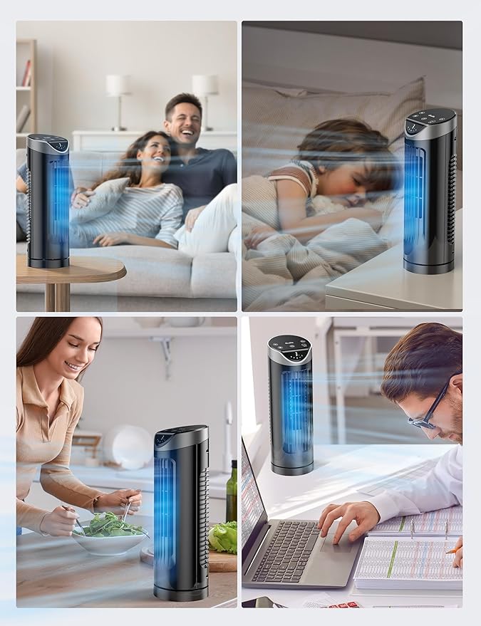 Grelife Tower Fan with Remote Control, Fast Cooling Desktop Fan, 90° Oscillation, 3 Speeds, 3 Wind Modes, Touch Screen, Auto Timer, Ideal for Home, Office Bedroom