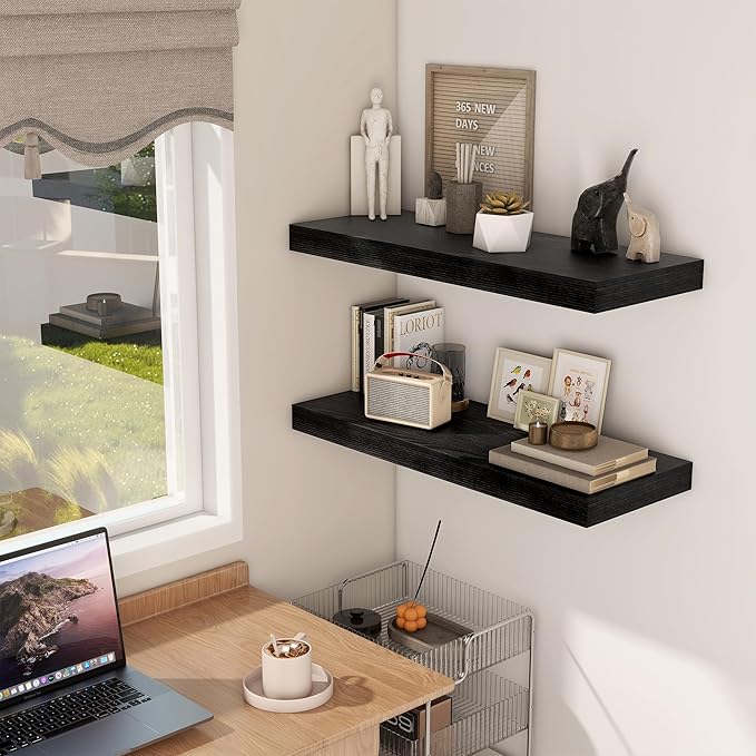 Fun Memories Black Floating Shelves 30" W x 12" D, 12 Inch Deep Floating Shelf for Books, Bathroom, Living Room, Rustic Wood Wall Shelves, 2 Inch Thicked Storage Shelf for Home Storage, Set of 2