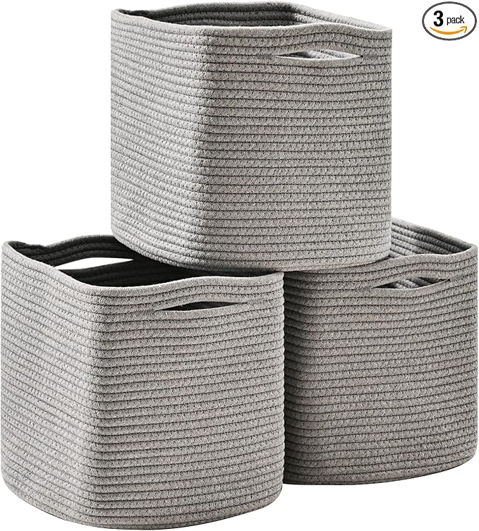 11 Inch Cube Storage Bins, Storage Cube Organizer Bins, Woven Cotton Rope Basket for Storage, Storage Baskets for Organizing Shelves, Grey Baskets for Toys Nursery, Grey (Pack of 3)