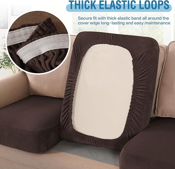 H.VERSAILTEX Velvet Stretch Couch Cushion Cover Plush Cushion Slipcover for Chair Loveseat Sofa Cushion Furniture Protector Seat Cushion Sofa Cover (2 Piece Medium Sofa Cushion Covers, Brown Striped)