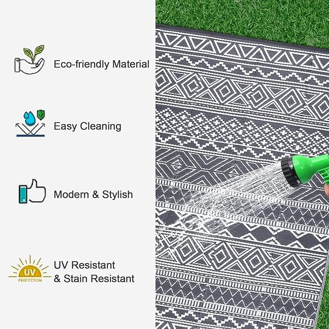 GAOMON Outdoor Rug Waterproof 8'x10', Reversible Outdoor Plastic Straw Rug, Boho Patio Rug, Indoor Outdoor Carpet, RV Mat Outside for Patio, Camp, Picnic, Balcony, Deck, Grey/White(Bohemia)