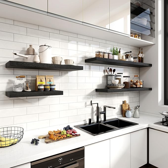 36 Inch Floating Shelves, 12 Inch Deep Floating Shelves for Wall, Floating Shelf with Invisible Brackets, Deep Shelves for Bathroom, Bedroom, Living Room, 2 Pack, Black