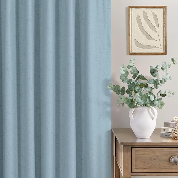 100% Blackout Curtains 90 Inches Long for Living Room 2 Panels Set Light Blocking Heat Darkening Energy Saving Curtain Window Coverings Coastal Beach Linen Farmhouse Drapes Bedroom Stone Blue Chambray