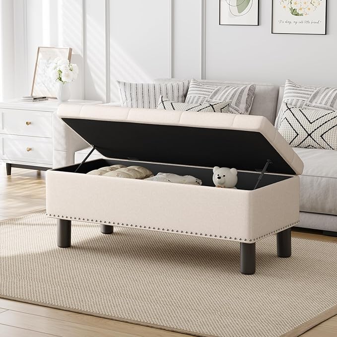 Furniliving 42” Ottoman Bench with Storage, Folding Storage Ottoman Benches with Wood Legs, Upholstered Bedroom Bench with Button-Tufted, Entryway Bench for Bedroom, Linen, Beige