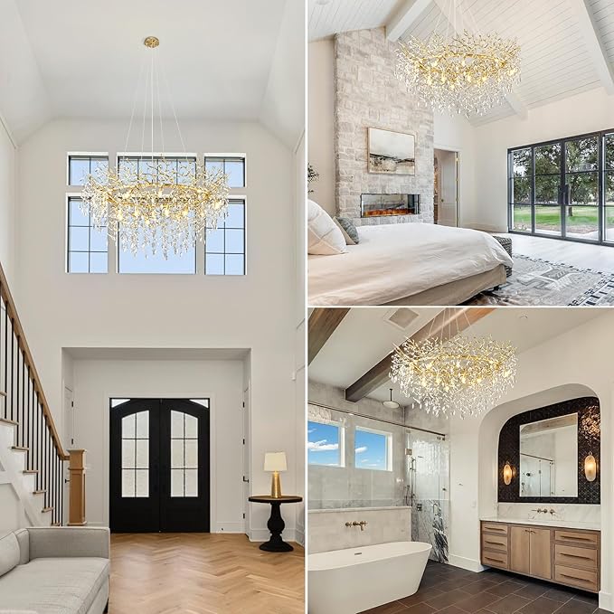 14-Light Modern Large Crystal Chandelier for Dining Room, 48" Round Gold Crystal Tree Branche Chandelier, Living Room Crystal Chandelier, Crystal Chandeliers for High Ceiling,Entryway,Foyer